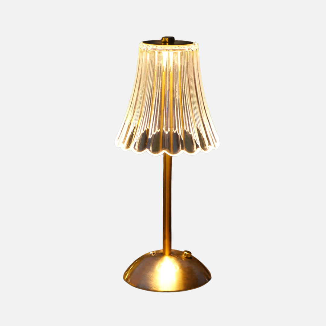 Vintage Kabellose Tischlampe aus Messing mit Gefaltetem Glasschirm – Akku Tischleuchte mit Einstellbarer Helligkeit