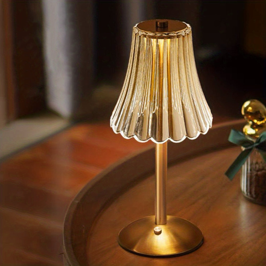Vintage Kabellose Tischlampe aus Messing mit Gefaltetem Glasschirm – Akku Tischleuchte mit Einstellbarer Helligkeit