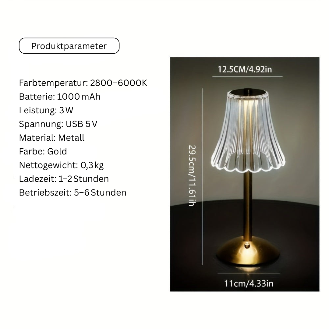 Vintage Kabellose Tischlampe aus Messing mit Gefaltetem Glasschirm – Akku Tischleuchte mit Einstellbarer Helligkeit