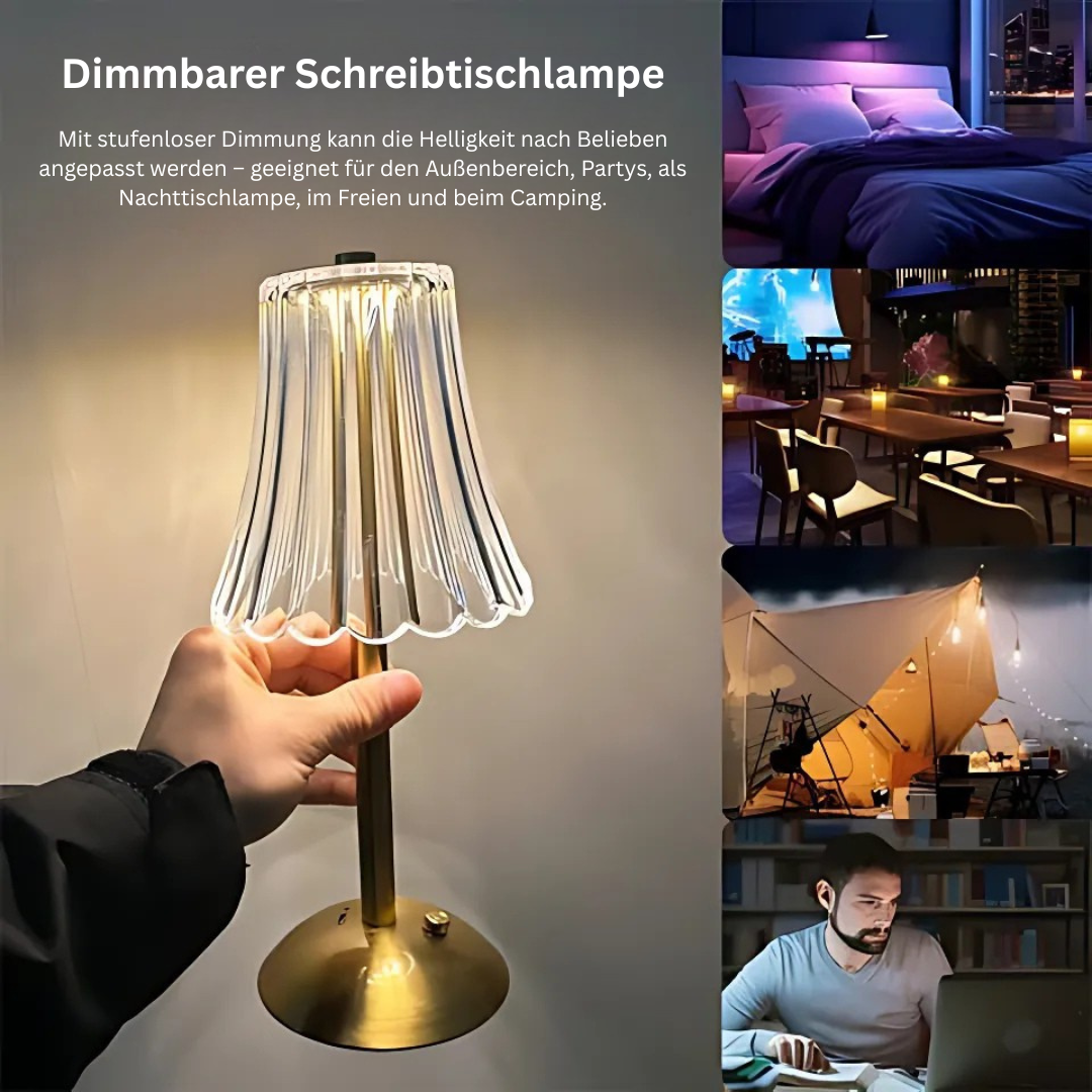 Vintage Kabellose Tischlampe aus Messing mit Gefaltetem Glasschirm – Akku Tischleuchte mit Einstellbarer Helligkeit