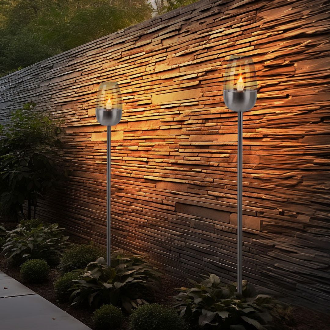 Solar LED Gartenleuchten Set Flammeneffekt Silber Erdspieß