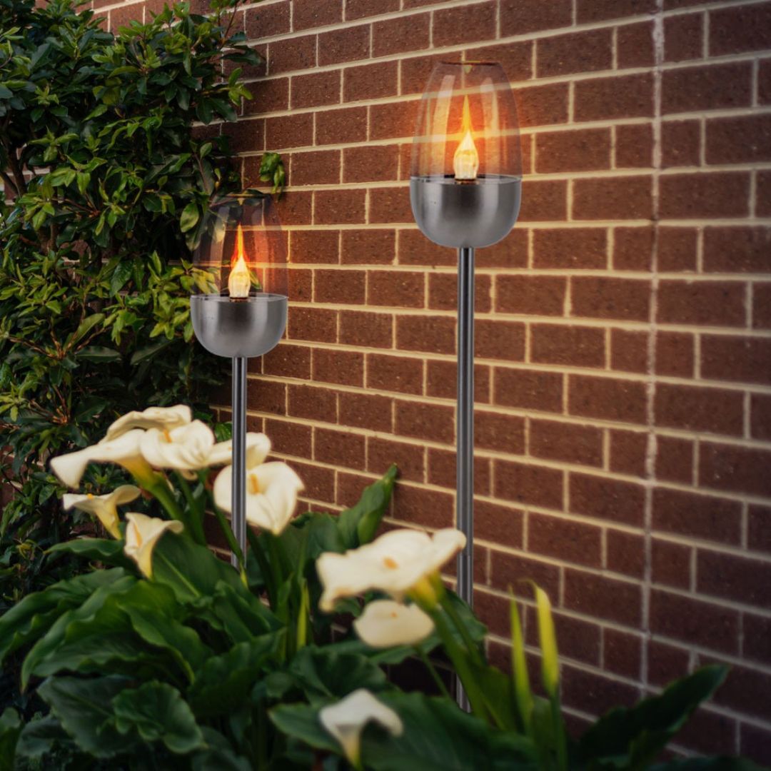Solar LED Gartenleuchten Set Flammeneffekt Silber Erdspieß