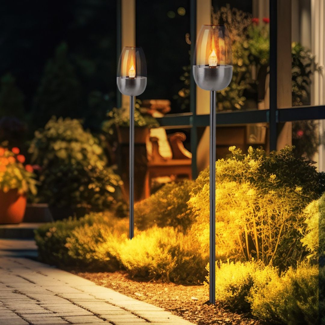 Solar LED Gartenleuchten Set Flammeneffekt Silber Erdspieß