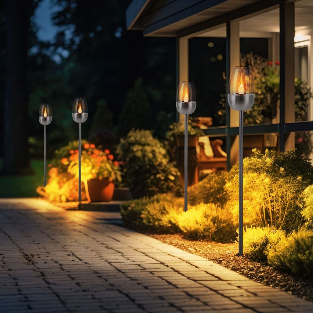 Solar LED Gartenleuchten Set Flammeneffekt Silber Erdspieß