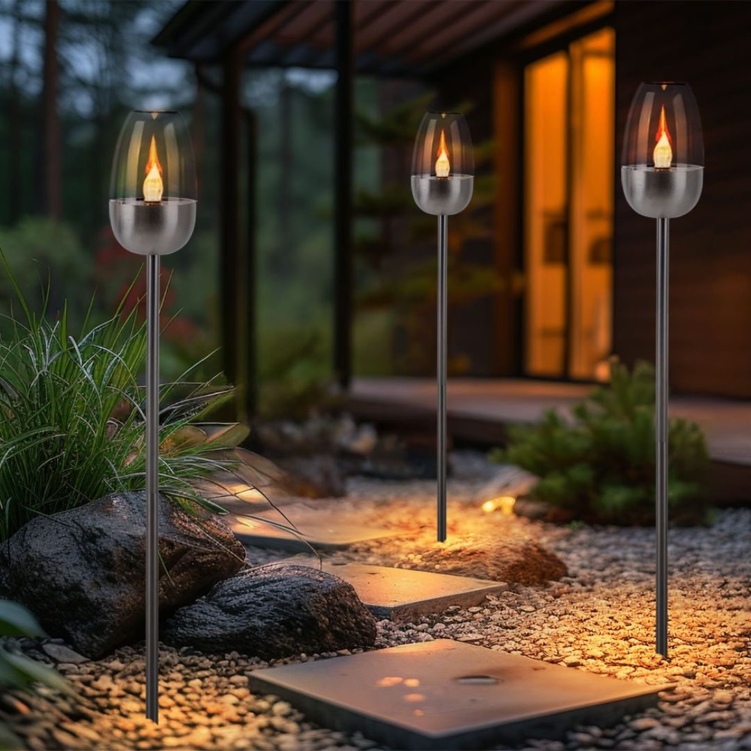 Solar LED Gartenleuchten Set Flammeneffekt Silber Erdspieß