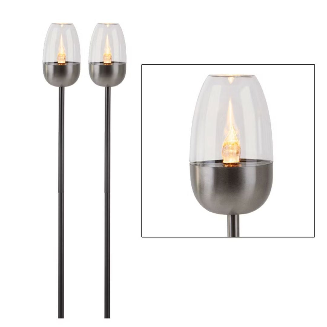 Solar LED Gartenleuchten Set Flammeneffekt Silber Erdspieß
