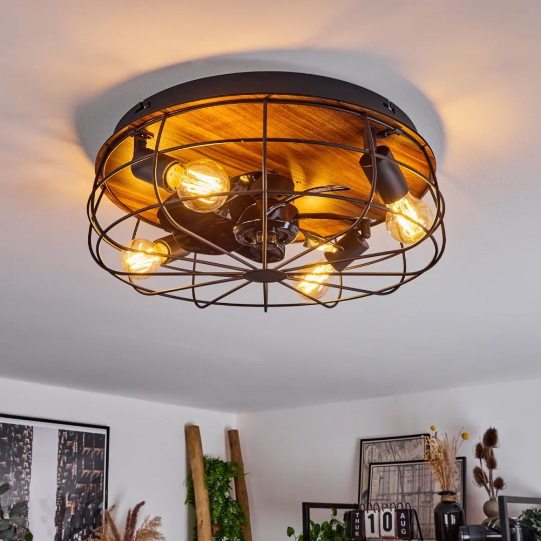 Deckenventilator mit Licht, Fernbedienung, 4 Fassungen, Holzoptik, Schwarz