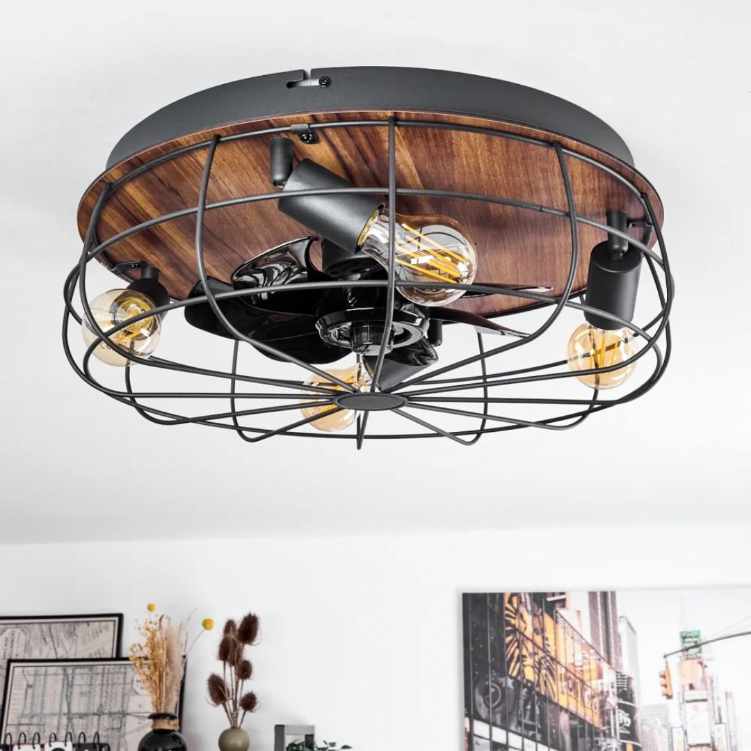 Deckenventilator mit Licht, Fernbedienung, 4 Fassungen, Holzoptik, Schwarz