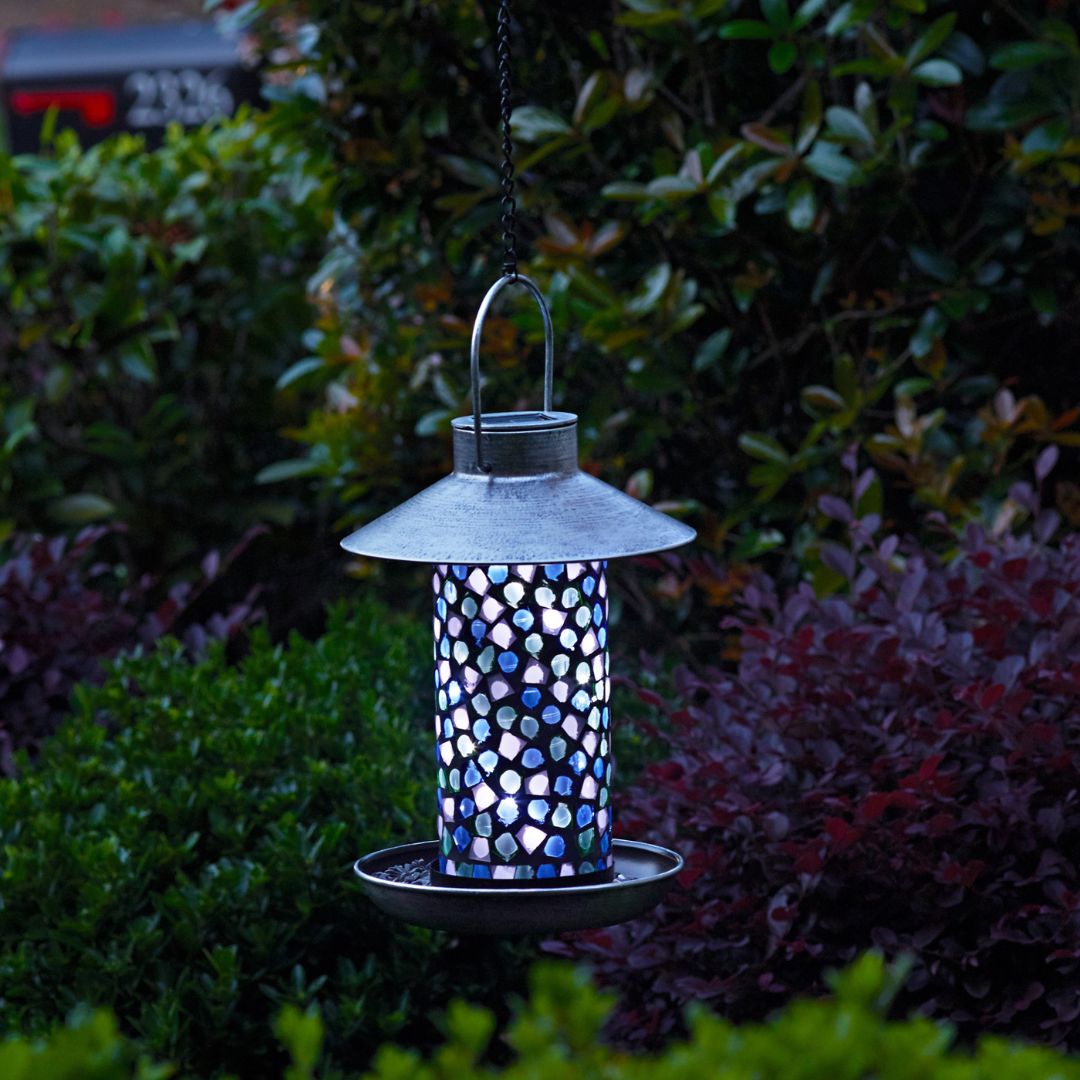 Solar-Vogelfutterlampe mit Mosaikglas und Zinn-Finish