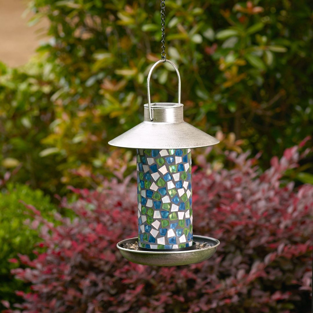 Solar-Vogelfutterlampe mit Mosaikglas und Zinn-Finish