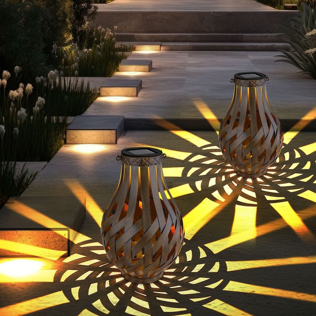 Solar LED Gartenleuchten Set, Braun Bambus, IP44, 27 cm, 2er-Pack