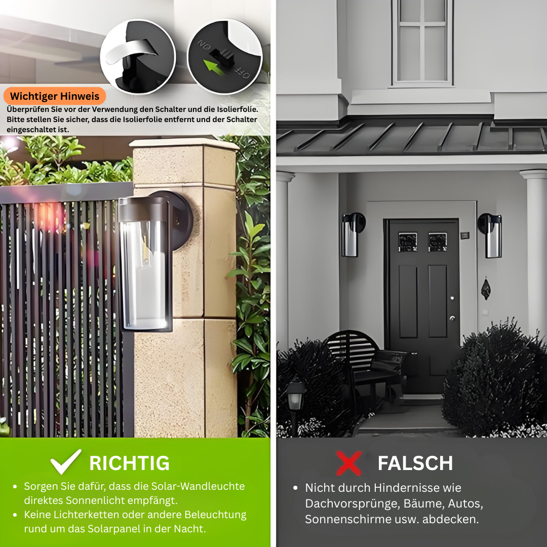 Solar Wandleuchte LED mit Automatischer Ein/Aus-Funktion und IP65 Wasserdichtigkeit