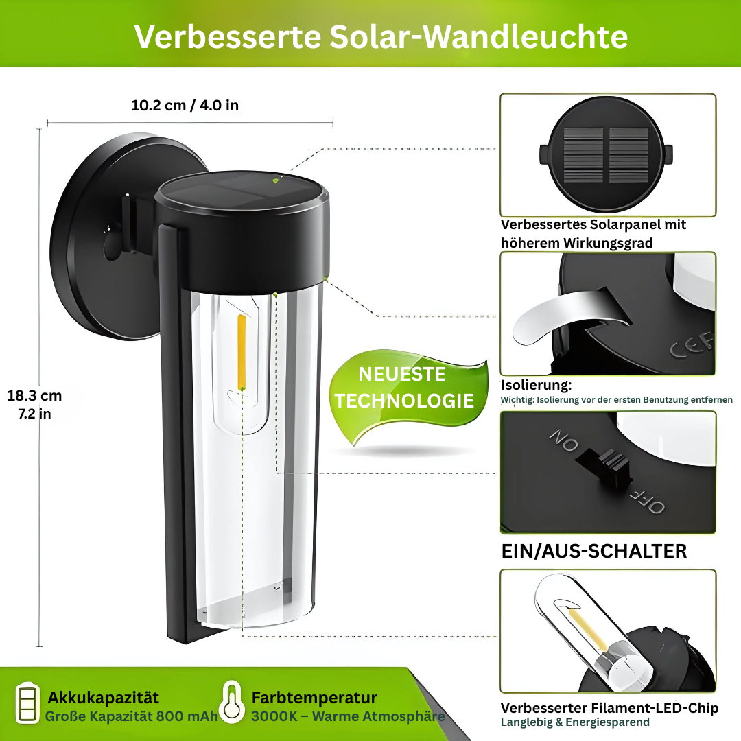 Solar Wandleuchte LED mit Automatischer Ein/Aus-Funktion und IP65 Wasserdichtigkeit