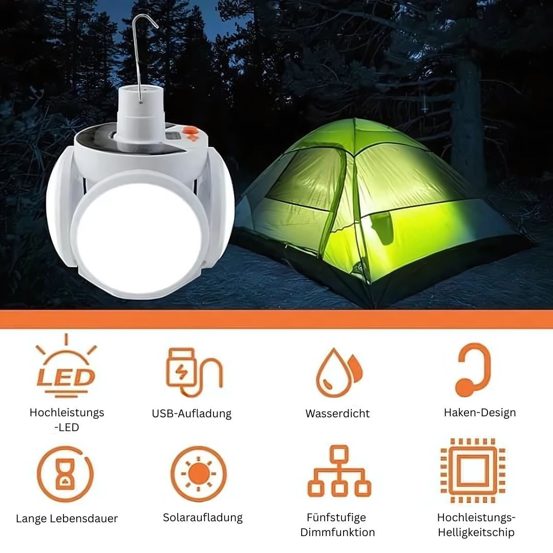 LED Campinglampe Faltbar – Solar, USB, Wasserdicht