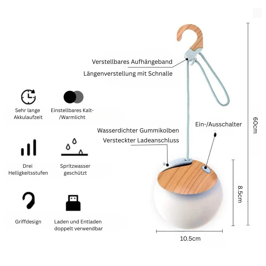 Outdoor-Campinglampe mit verstellbarem Seil und warmen und kalten LED-Modi