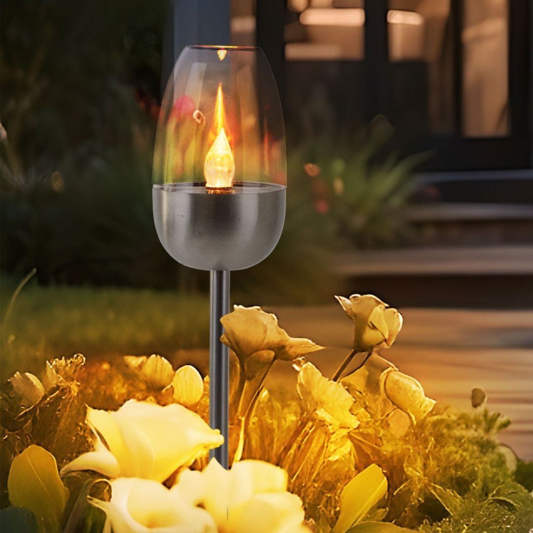 Solar LED Gartenleuchten Set Flammeneffekt Silber Erdspieß