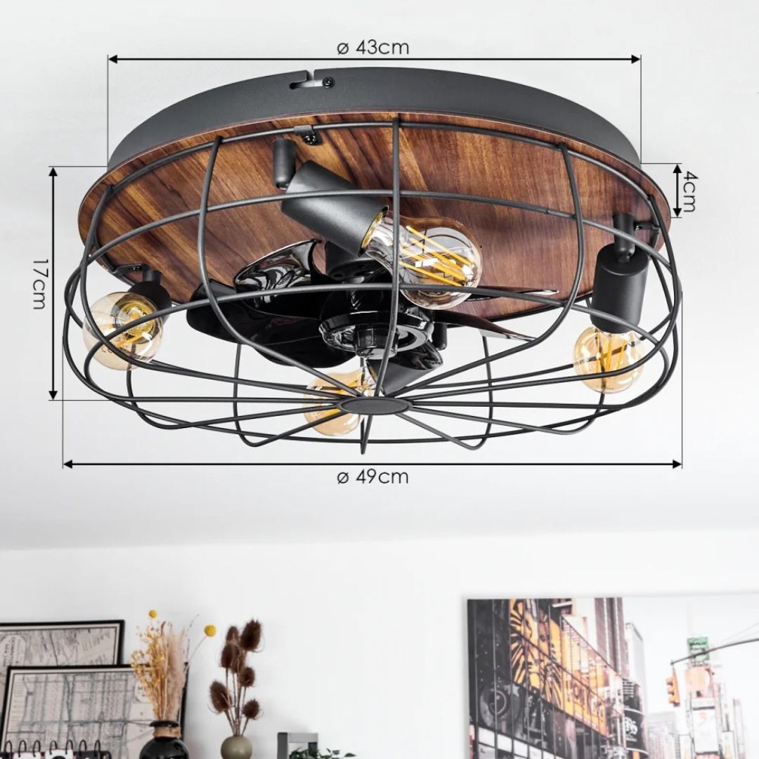 Deckenventilator mit Licht, Fernbedienung, 4 Fassungen, Holzoptik, Schwarz