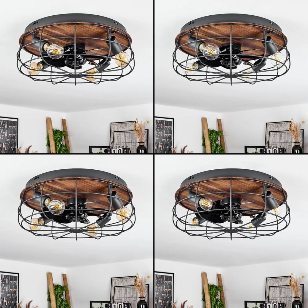 Deckenventilator mit Licht, Fernbedienung, 4 Fassungen, Holzoptik, Schwarz