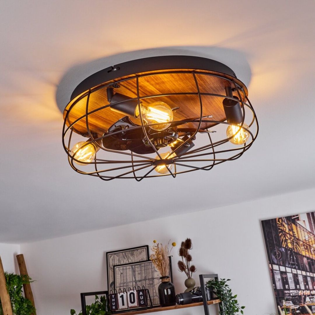 Deckenventilator mit Licht, Fernbedienung, 4 Fassungen, Holzoptik, Schwarz