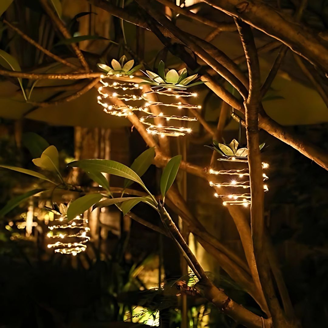 Tropische Ananas-Solar-Gartenleuchte mit warmem LED-Licht – Solarlampe für den Außenbereich