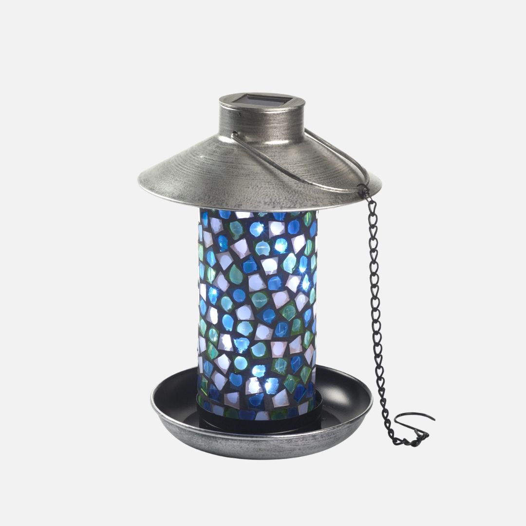 Solar-Vogelfutterlampe mit Mosaikglas und Zinn-Finish