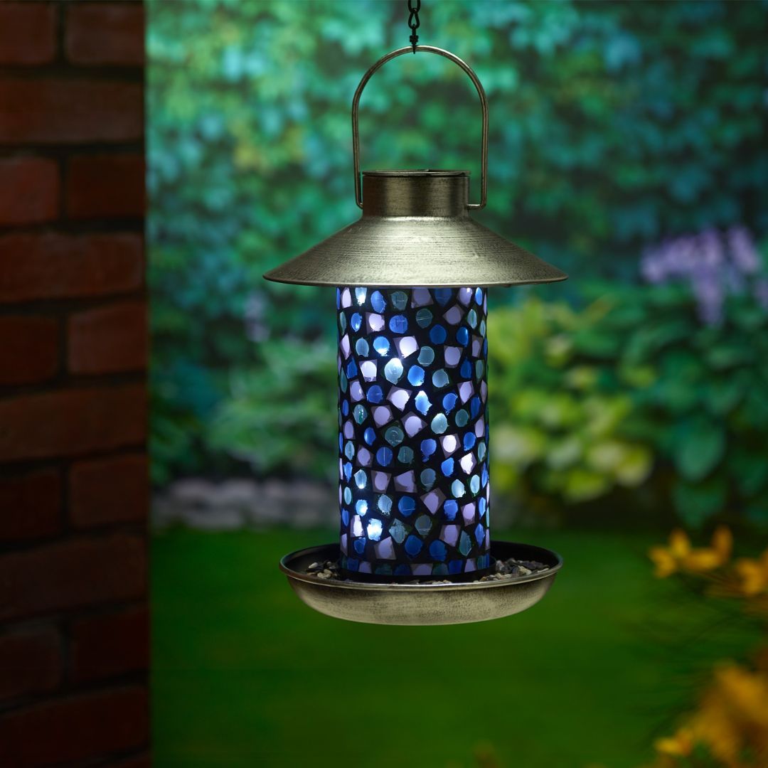 Solar-Vogelfutterlampe mit Mosaikglas und Zinn-Finish