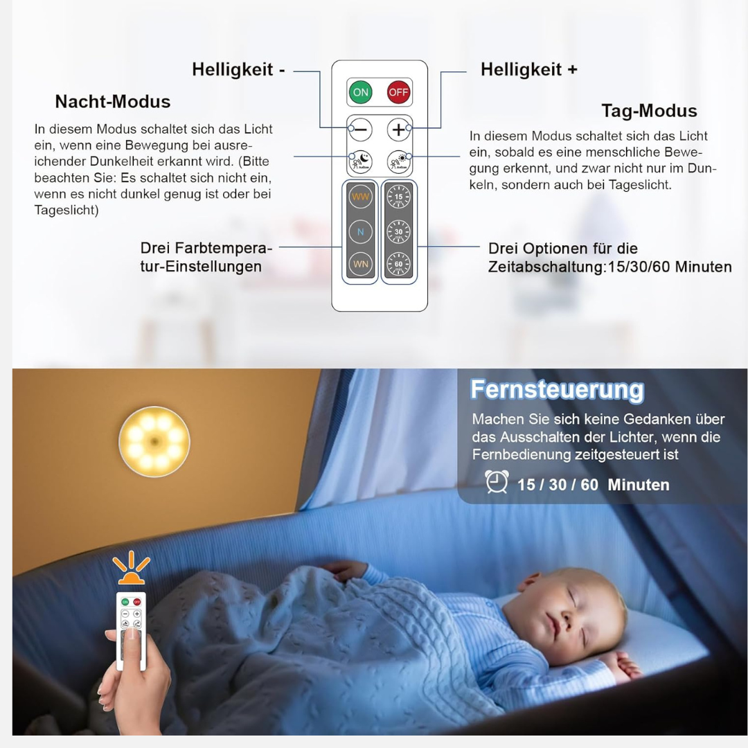 Kabelloses Schranklicht mit Bewegungsmelder & Fernbedienung – 3 Farbtemperaturen